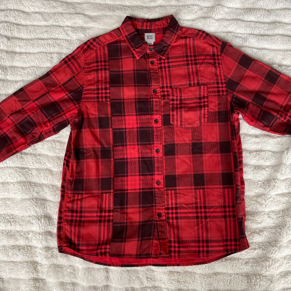 Urban Outfitters BDG Vintage Wash Flannel Shirt - Red/Black, Unisex Long Sleeve